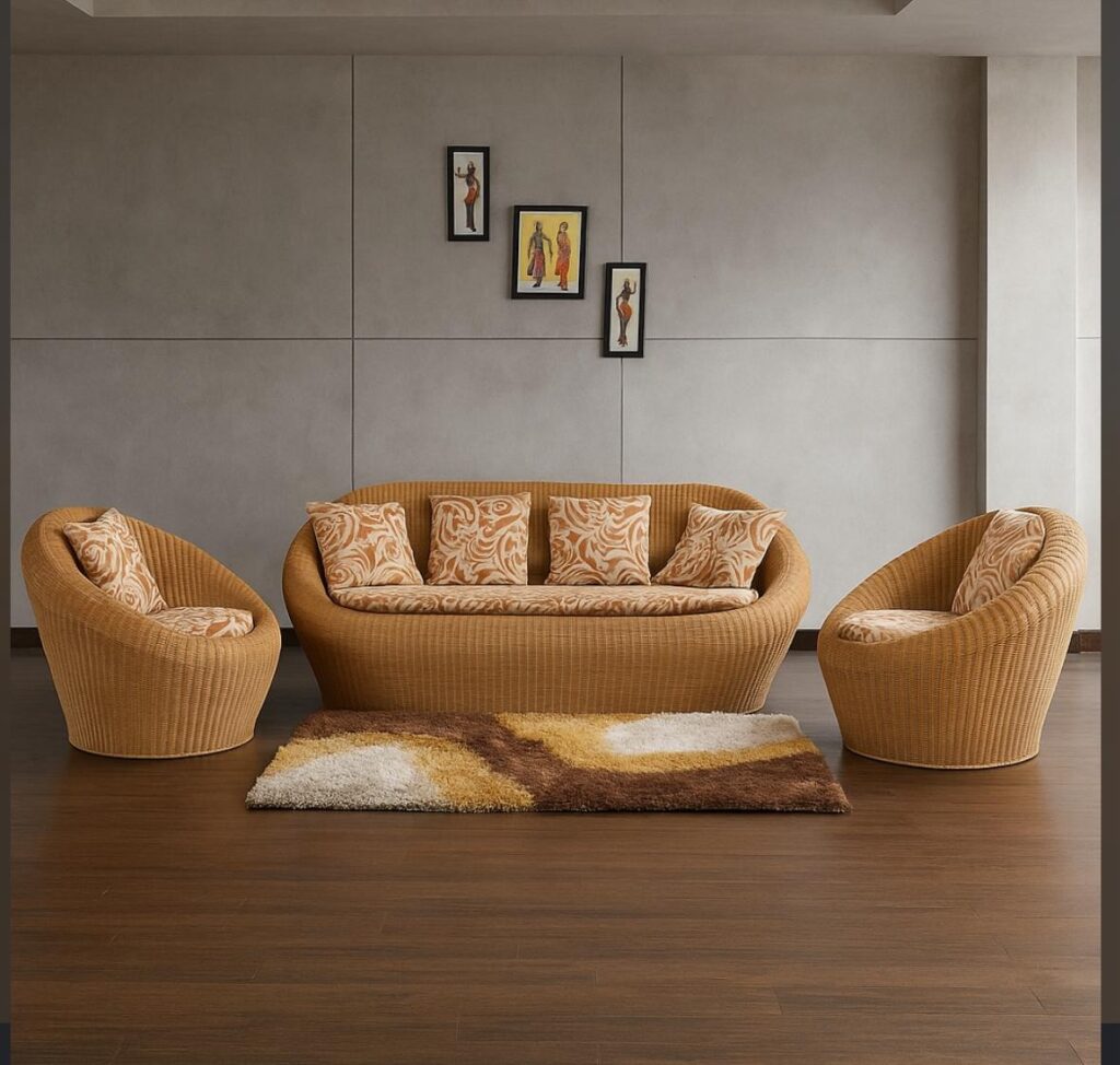 Modern cane and wooden sofa set with chairs, perfect for outdoor garden, patio, and balcony furniture setup